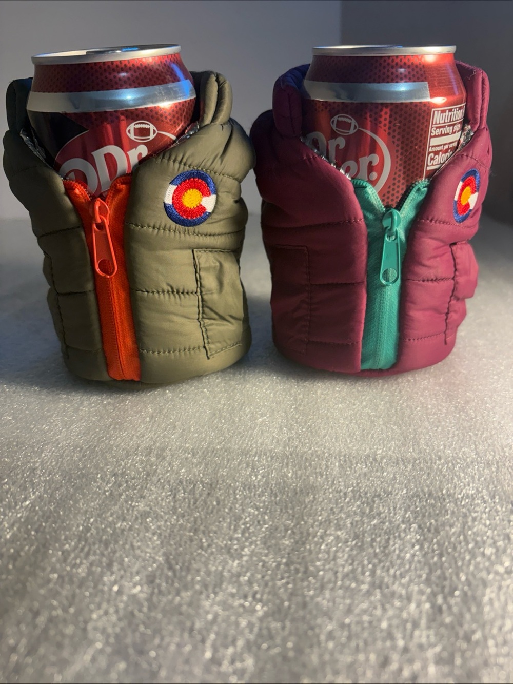 Kids Puffy Jacket Can Cooler - Olive Green & Plum